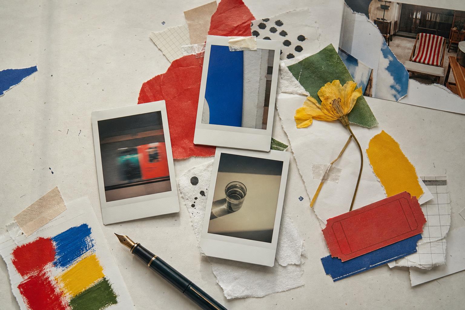 A handmade scrapbook of instant photos, torn colored paper, a pressed flower, ticket stubs and a fountain pen
